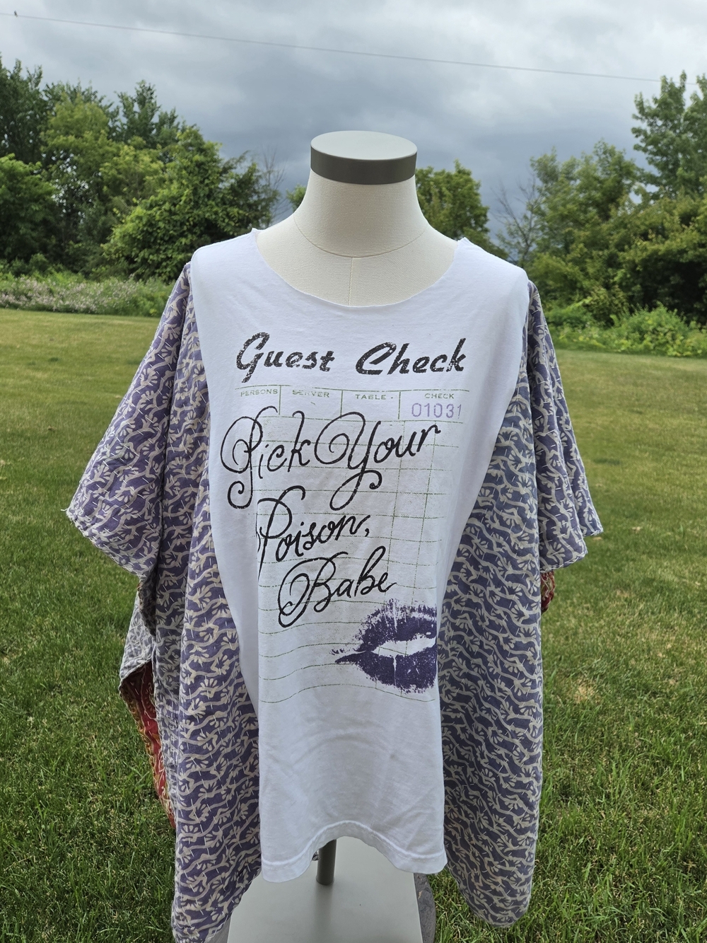 Upcycled Kantha Poncho Kimono Lavendar Purple Graphic 'Pick Your Poison Babe'